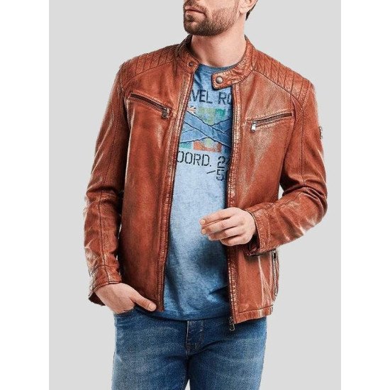 Snap Tab Collar Crinkle Brown Leather Biker Jacket For Men