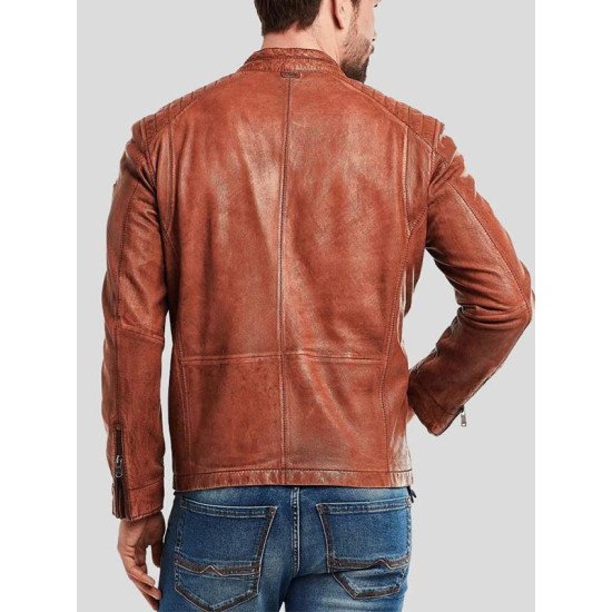 Snap Tab Collar Crinkle Brown Leather Biker Jacket For Men