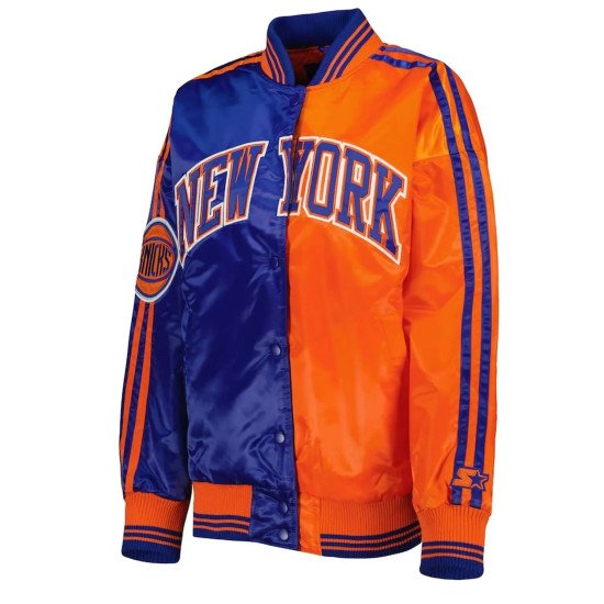 Split Colorblock New York Knicks Blue and Orange Satin Jacket