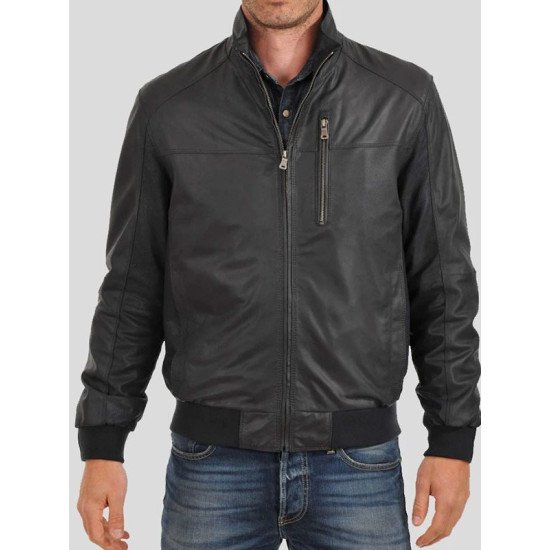 Standing Collar Black Bomber Leather Jacket for Men