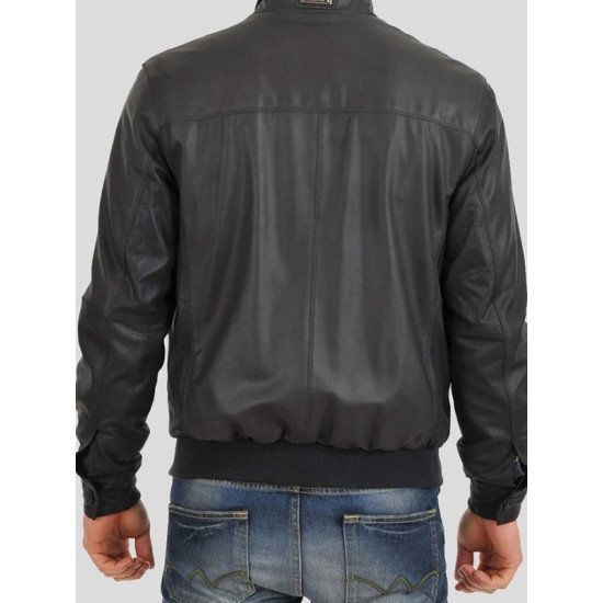 Standing Collar Black Bomber Leather Jacket for Men