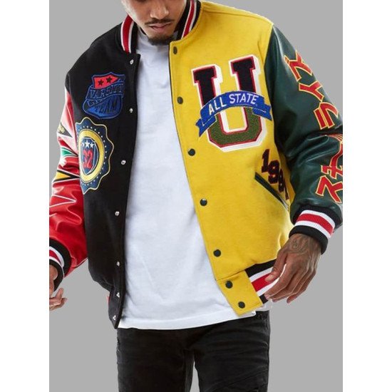 Streetwear Multicolor Patchwork Leather Bomber Jacket