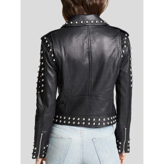 Studded Black Biker Leather Jacket For Women