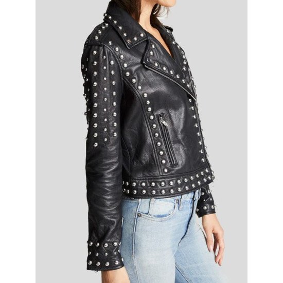 Studded Black Biker Leather Jacket For Women