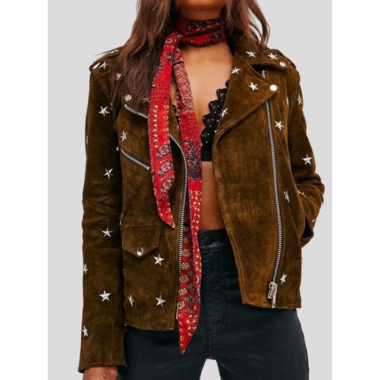 Studded Brown Suede Moto Leather Jacket For Women