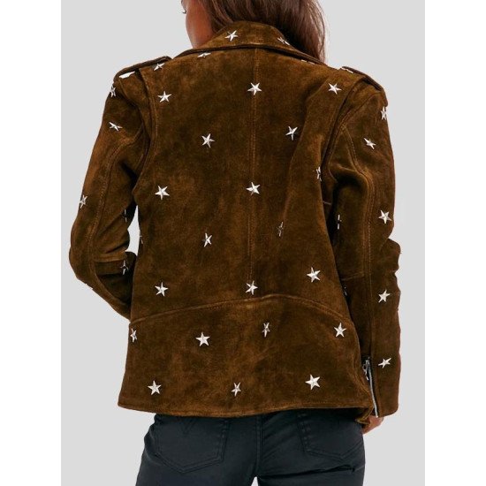 Studded Brown Suede Moto Leather Jacket For Women