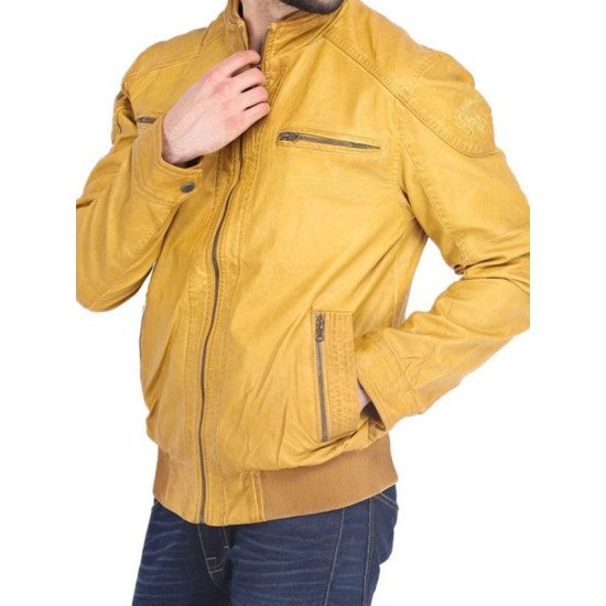 Stylish Quilted Yellow Biker Leather Jacket For Men