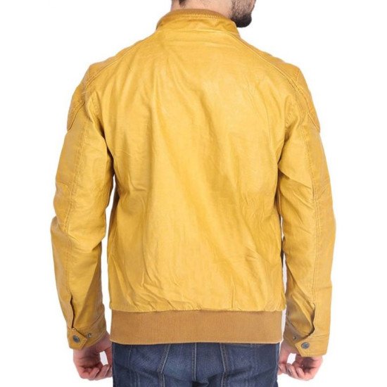 Stylish Quilted Yellow Biker Leather Jacket For Men