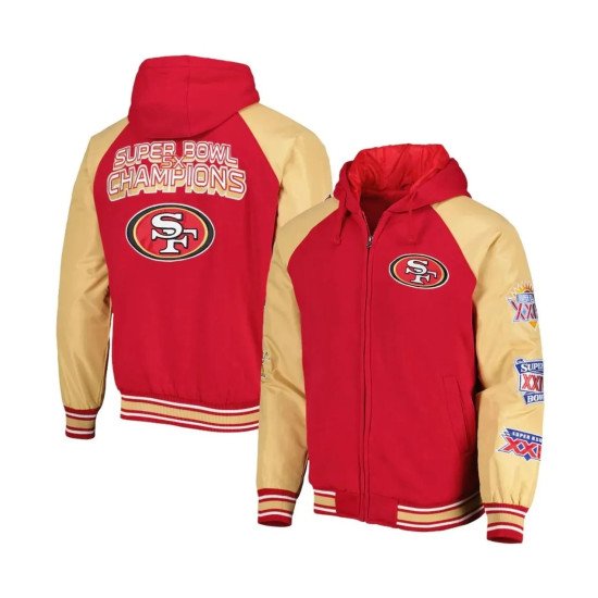 Super Bowl 5X Champions San Francisco 49ers Varsity Wool Leather Hooded Jacket