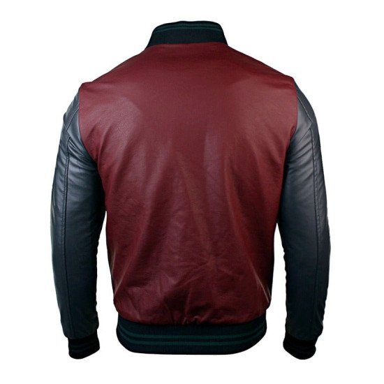 Synthetic Leather Baseball Jacket Maroon