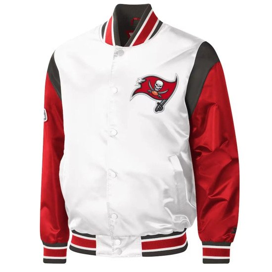 Tampa Bay Buccaneers Throwback Warm Up Pitch White Varsity Satin Jacket