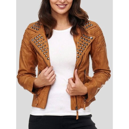 Tan Brown Leather Biker Studded Jacket For Women