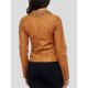 Tan Brown Leather Biker Studded Jacket For Women