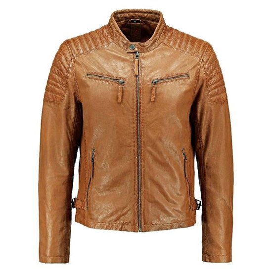 Tan Quilted Leather Biker Jacket For Men