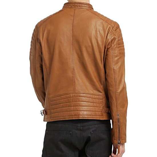 Tan Quilted Leather Biker Jacket For Men