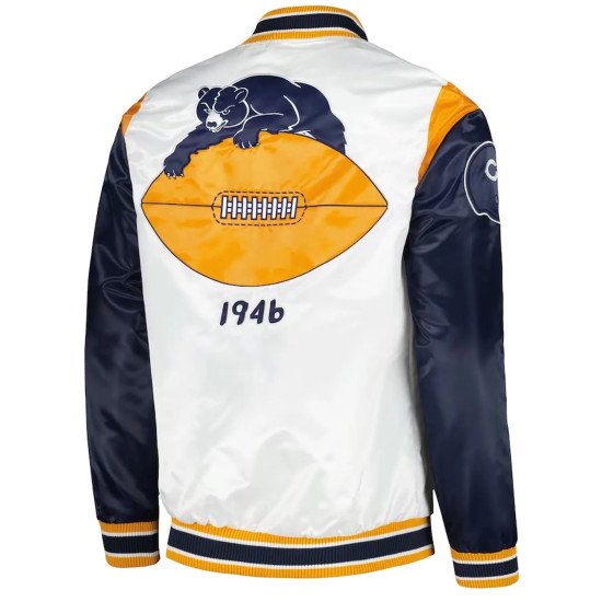 Throwback Warm Up Pitch Chicago Bears White Navy Varsity Satin Jacket