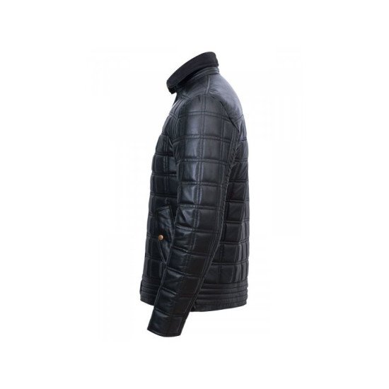 Trimmed Black Quilted Leather Jacket For Men