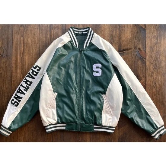 University of Michigan State Spartans Varsity Green and White Leather Jacket