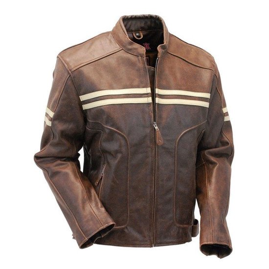 Vintage Double Stripes Biker Leather Jacket For Men