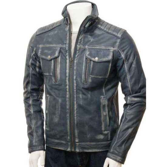 Waxed Leather Biker Jacket For Men