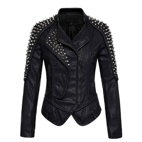 Women's Punk Stylish Studded Leather Moto Jacket