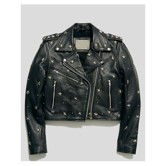 Womens Biker Style Cropped Black Studded Leather Jacket