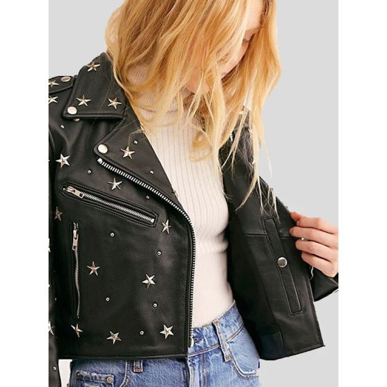 Womens Biker Style Cropped Black Studded Leather Jacket