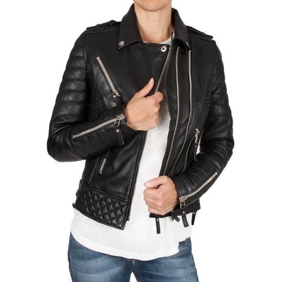 Womens Quilted Black Biker Leather Jacket