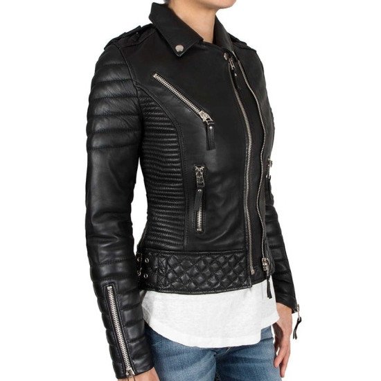 Womens Quilted Black Biker Leather Jacket