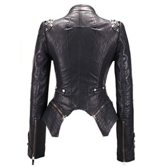 Women’s Fashion Studded Black Leather Biker Jacket