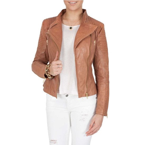 Women’s Quilted Leather Jacket  Tan Brown Golden Hardware