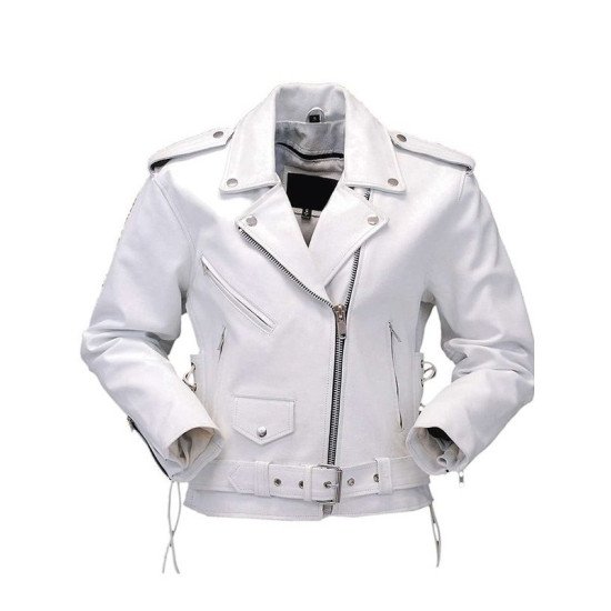 Women’s Racer White Leather Motorcycle Jacket