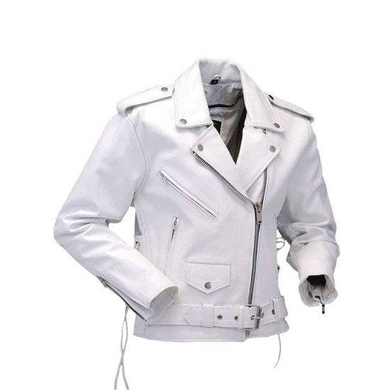 Women’s Racer White Leather Motorcycle Jacket