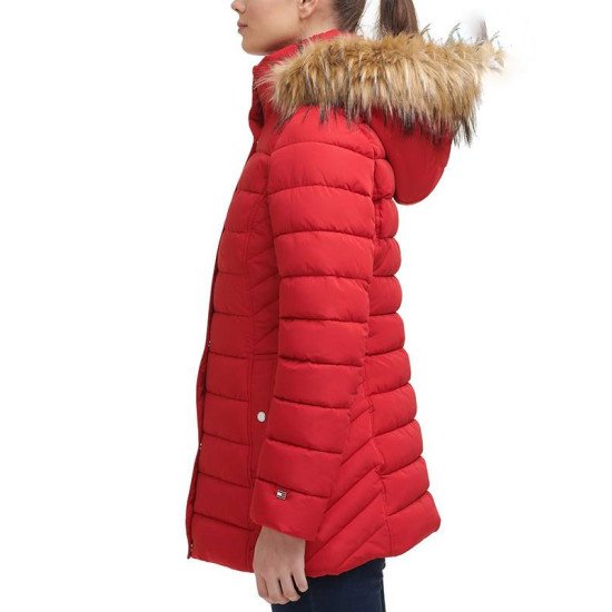 Women’s Red Winter Coat with Fur Hood